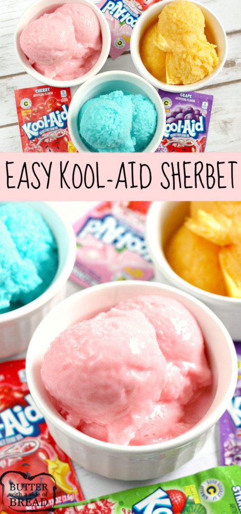 Make creamy Kool-Aid Sherbet in any flavor with just 3 ingredients and 5 minutes of prep — no ice cream maker needed! Perfect summer treat kids love to help make! Strawberry, watermelon, grape and more!