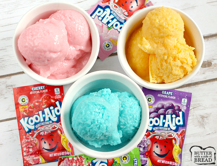Easy Kool-Aid Sherbet is a delicious frozen treat that is made with only three ingredients! You can make strawberry sherbet, orange sherbet, watermelon sherbet - any flavor you want!