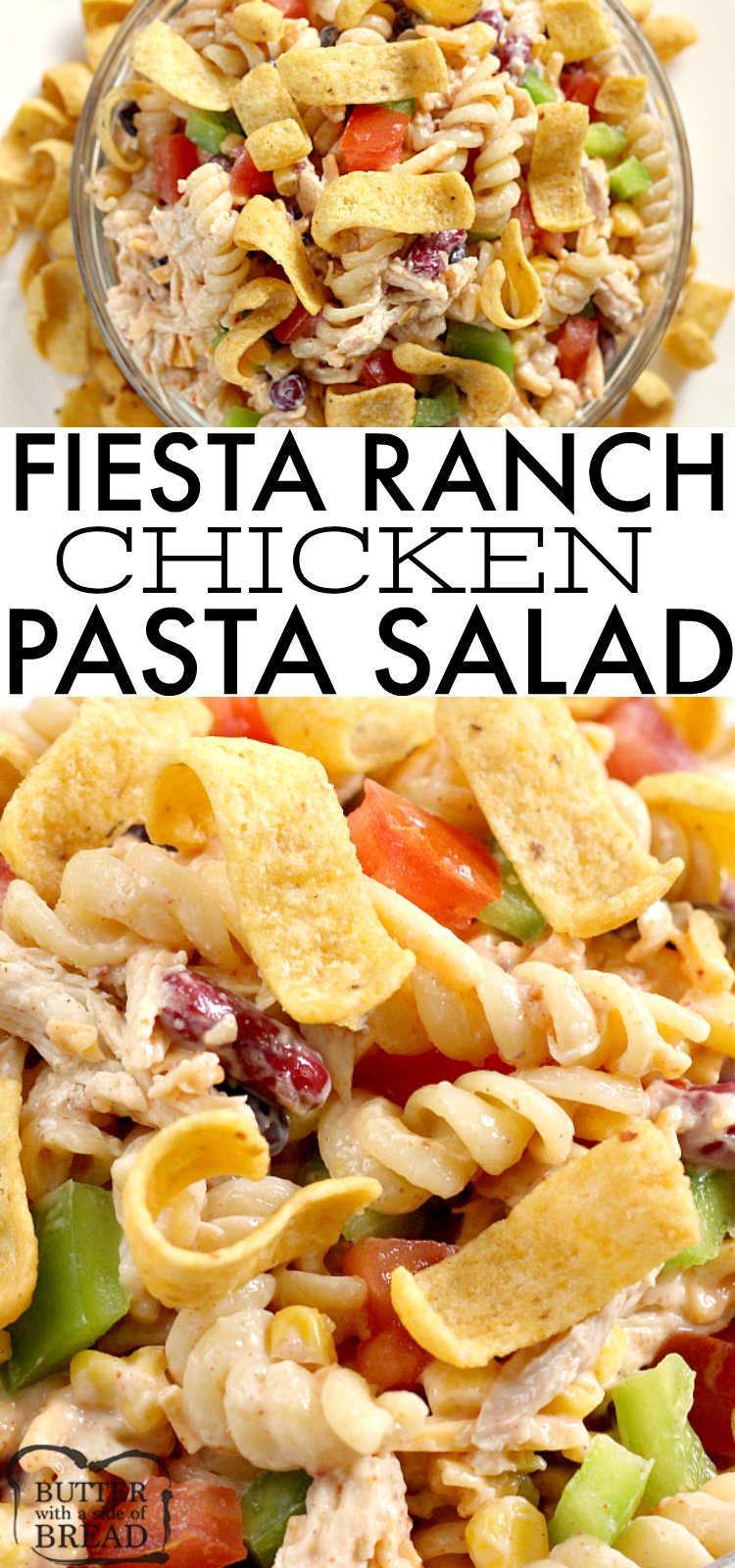 Fiesta Ranch Chicken Pasta Salad is full of fresh southwestern flavors with black beans, corn, cheese and tomatoes. This hearty chicken pasta salad recipe topped with Fritos is perfect as a main dish or a side dish for potlucks and parties!