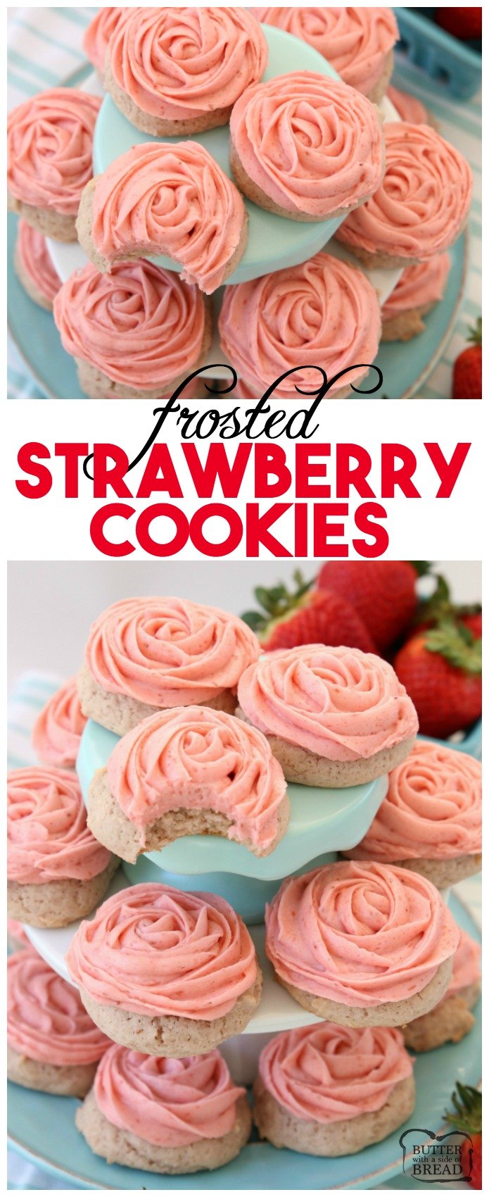 Frosted Strawberry Cookies made by adding fresh strawberries to a simple sugar cookie dough. No rolling out or chilling necessary! Just bake and top with my amazing strawberry buttercream frosting. Easy Strawberry Cookies piped with a super simple pink rose, so they taste incredible and they’re pretty too! Best Ever #Strawberry #Cookies with Strawberry #Buttercream #Frosting #recipe from Butter With A Side of Bread #baking #food #dessert