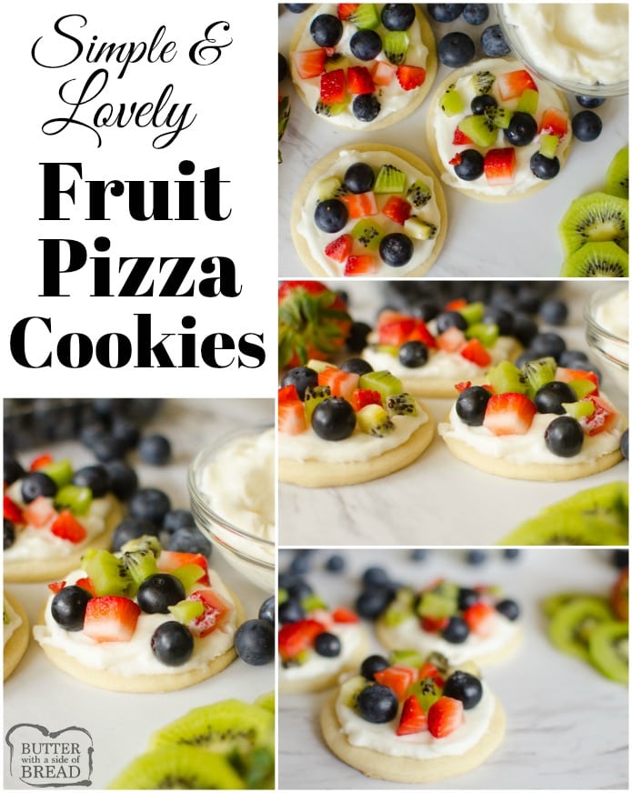 Fruit Pizza Cookies are all the goodness you get in a fruit pizza in cookie form! Soft sugar cookie crust, topped with sweet cream & your favorite fruits; strawberries, raspberries, blueberries, kiwi, blackberries, mango.. the possibilities are endless!