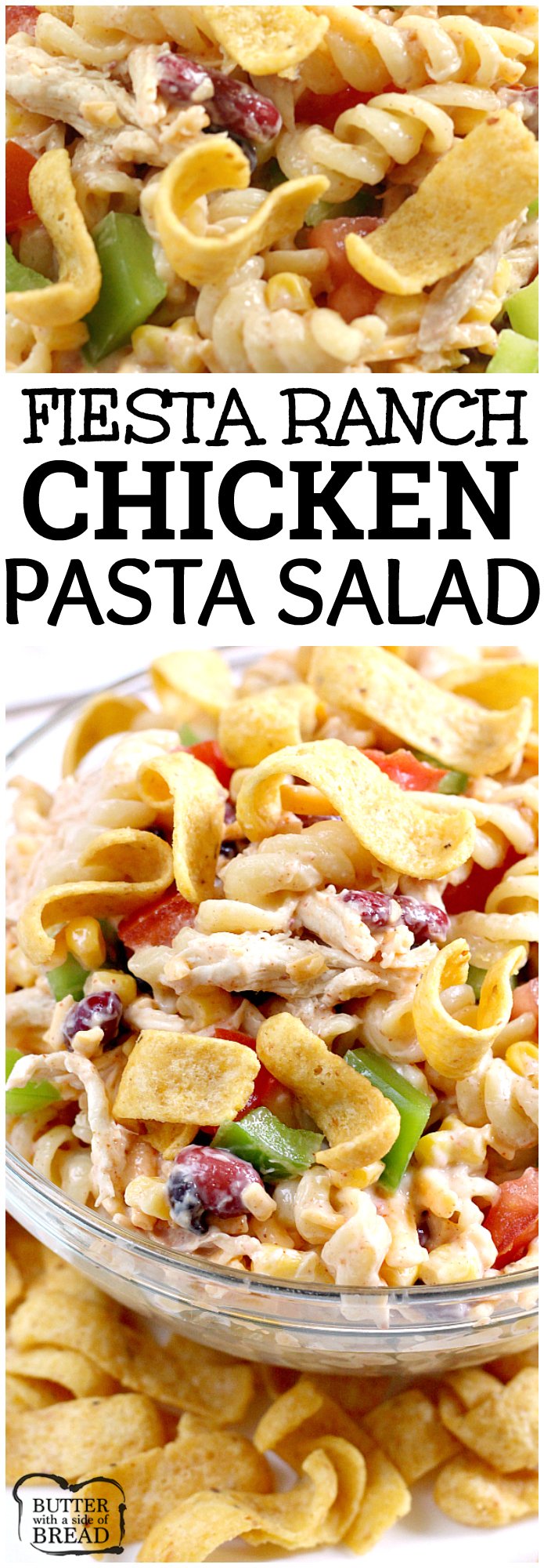 Fiesta Ranch Chicken Pasta Salad is full of fresh southwestern flavors with black beans, corn, cheese and tomatoes. This hearty chicken pasta salad recipe topped with Fritos is perfect as a main dish or a side dish for potlucks and parties!
