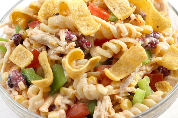 Fiesta Ranch Chicken Pasta Salad - full of beans, corn, cheese, tomatoes and chicken tossed with a delicious southwestern Ranch dressing!