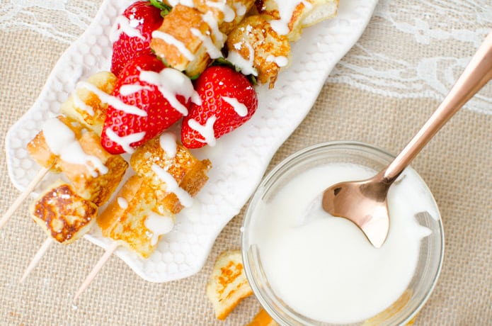 The homemade vanilla glaze takes the French Toast Fruit Kabobs to the next level, adding a sweet element to the kabob.
