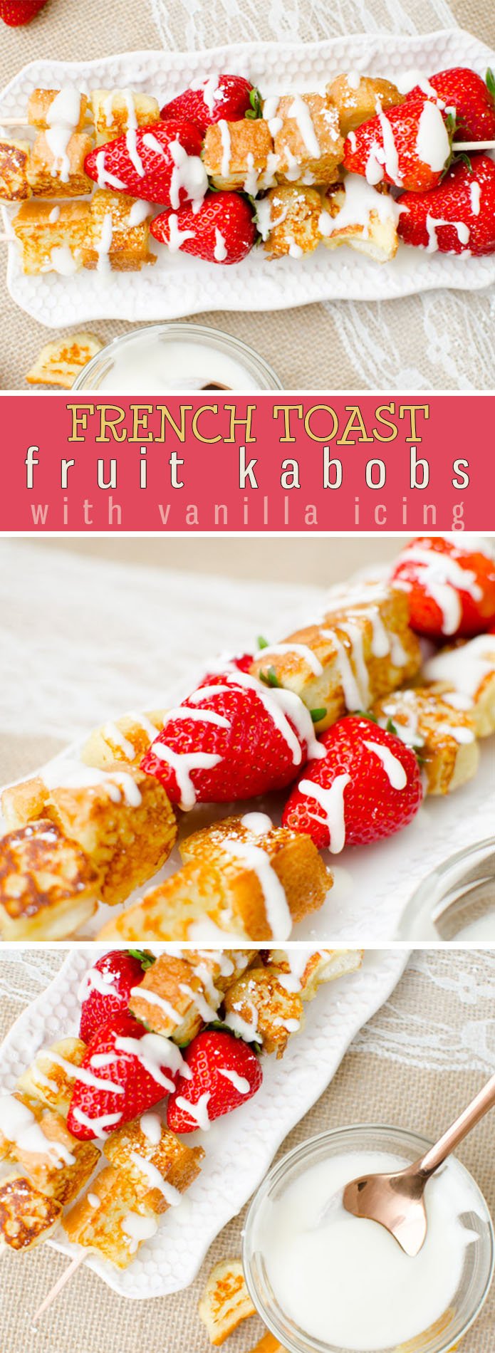 French Toast Fruit Kabobs are perfect, French Toast bites stacked onto a kabob with fresh strawberries in between. The French Toast Skewers are finished off with a drizzle of decedent homemade vanilla glaze. These Skewers are perfect for any brunch menu! |Butter with a Side of Bread| #breakfast #frenchtoast #fruitkabob #kabob #fingerfood #partyfood #recipe