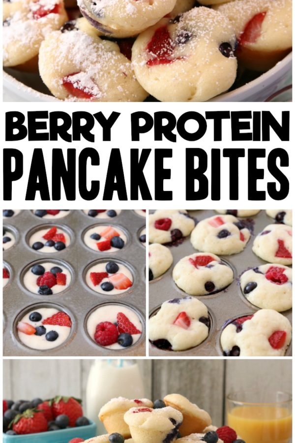 Berry Protein Pancake Bites made easy by baking protein pancake batter in the oven with fresh berries. Dust with powdered sugar or drizzle with syrup for a delicious, high protein breakfast. #protein #breakfast #pancakes #baking #berries #fruit #healthy #recipe from BUTTER WITH A SIDE OF BREAD