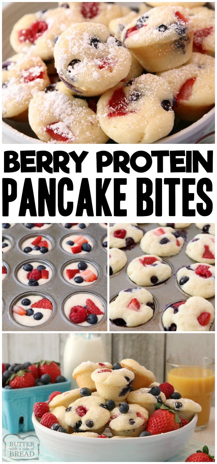 Berry Protein Pancake Bites made easy by baking protein pancake batter in the oven with fresh berries. Dust with powdered sugar or drizzle with syrup for a delicious, high protein breakfast. #protein #breakfast #pancakes #baking #berries #fruit #healthy #recipe from BUTTER WITH A SIDE OF BREAD