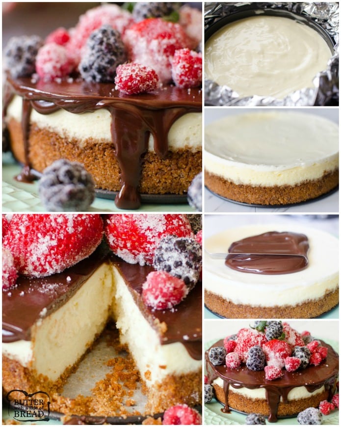 Cheesecake with Berries & Chocolate Ganache is a creamy, homemade, six-inch cheesecake topped with a rich chocolate ganache. The Cheesecake is garnished with sugared berries that give this classic dessert a bright, fresh flavor.