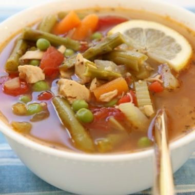 Lemon Chicken Vegetable Soup is a light & delicious broth-based vegetable soup recipe with the addition of tender chicken and fresh lemon. Chocked full of fresh vegetables like green beans, asparagus, carrots and tomatoes. Perfect for the cool days of early Spring, or anytime really!