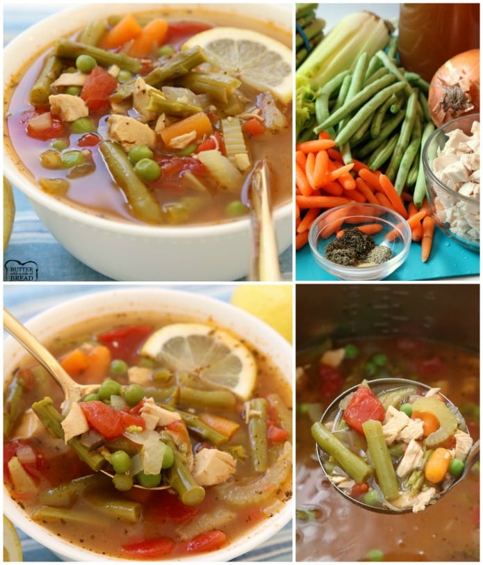 Lemon Chicken Vegetable Soup is a light & delicious broth-based vegetable soup recipe with the addition of tender chicken and fresh lemon. Chocked full of fresh vegetables like green beans, asparagus, carrots and tomatoes. Perfect for the cool days of early Spring, or anytime really!