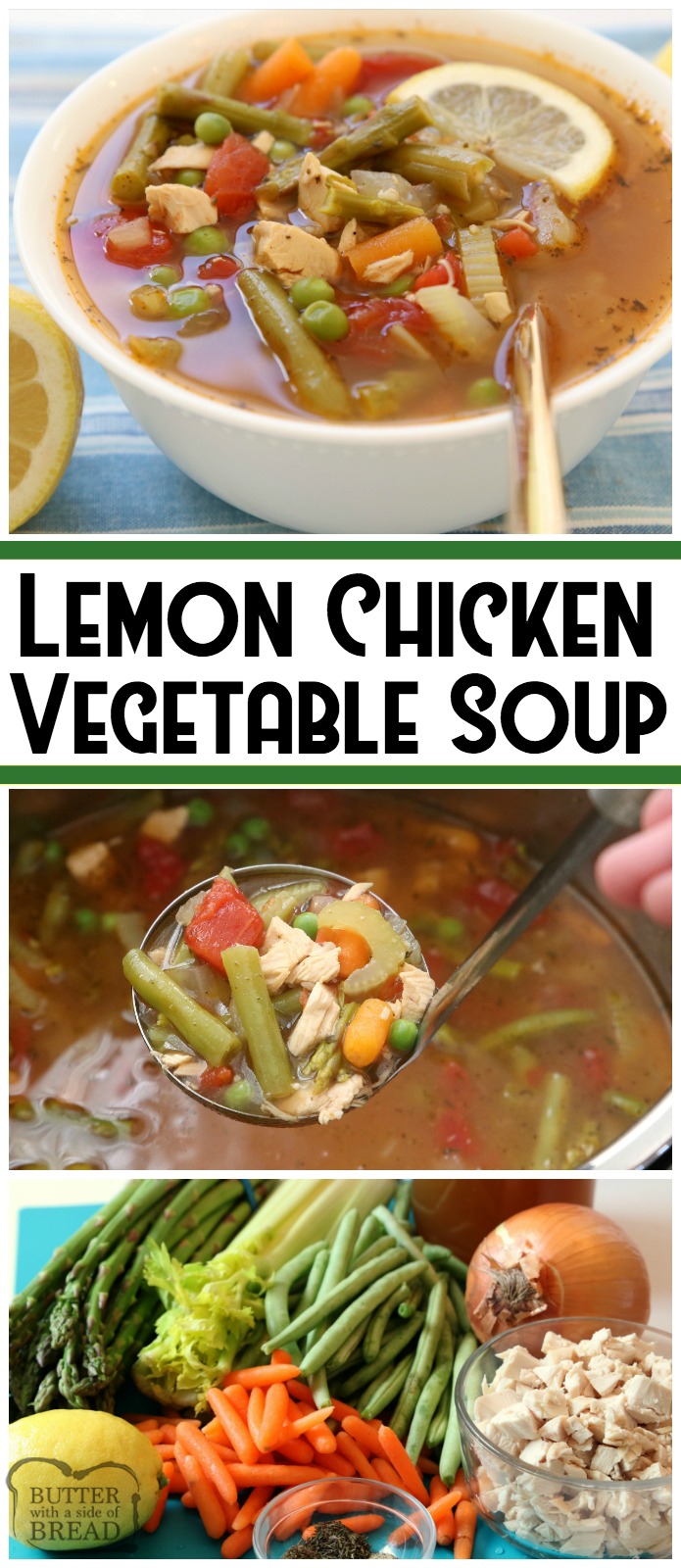 Lemon Chicken Vegetable Soup is a light & delicious broth-based vegetable soup recipe with the addition of tender chicken and fresh lemon. Chocked full of fresh vegetables like green beans, asparagus, carrots and tomatoes. Perfect for the cool days of early Spring, or anytime really! Easy #Lemon #chicken #vegetable #soup #recipe from Butter With A Side of Bread #instantpot #food #dinner #healthy