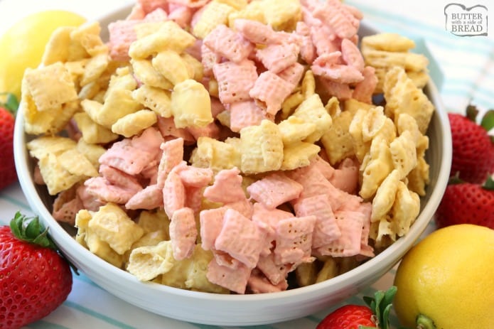 Strawberry Lemonade Chex Mix made easy in under 10 minutes with just 3 ingredients! Great flavor and everyone loves munching on this fun Chex Mix. Simple Chex mix recipe with strawberry lemon flavors perfect for any day that needs a little more fun!