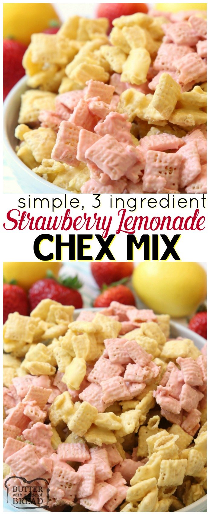 Strawberry Lemonade Chex Mix made easy in under 10 minutes with just 3 ingredients! Great flavor and everyone loves munching on this fun Chex Mix. Simple Chex mix recipe with strawberry lemon flavors perfect for any day that needs a little more fun! #chex #chexmix #strawberry #lemonade #dessert #candy #candymelts #recipe from Butter With A Side of Bread