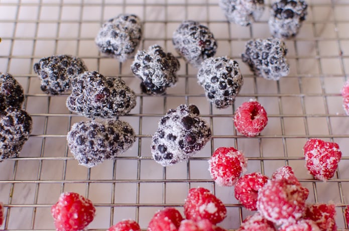 berries that have been sugared by covering with a small amount of whipped egg white and then rolled into sugar.