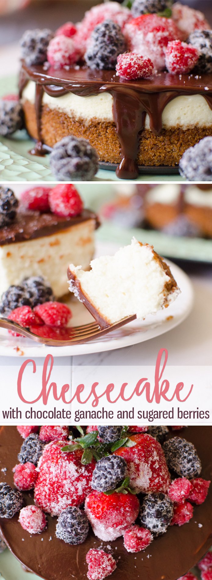 Cheesecake with Berries & Chocolate Ganache is a creamy, homemade, six-inch cheesecake topped with a rich chocolate ganache. The Cheesecake is garnished with sugared berries that give this classic dessert a bright, fresh flavor. #Cheesecake with #Berries and #Ganache from Butter With A Side of Bread #dessert #homemade #howtomakecheesecake #food #recipe
