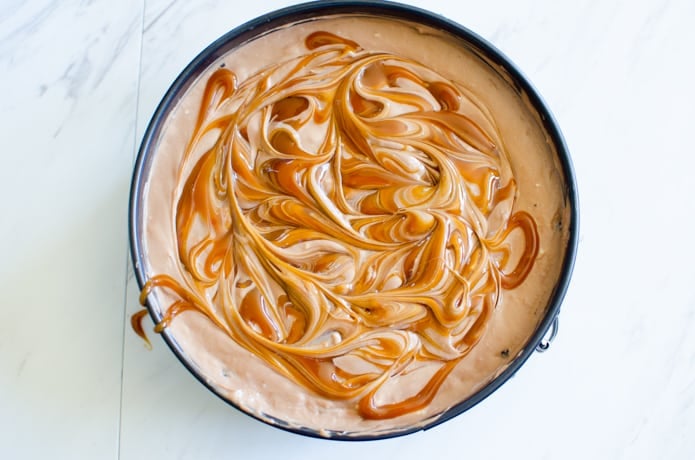 Pre-baked chocolate cheesecake with a caramel swirl.