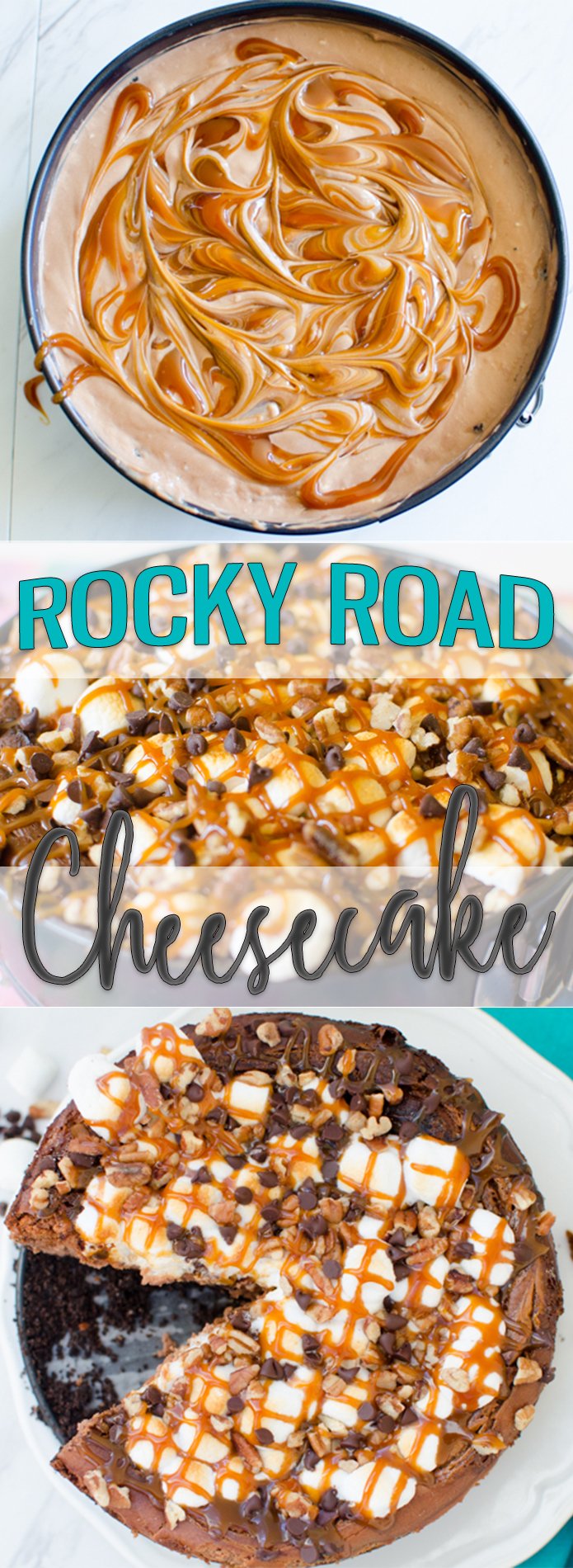 Rocky Road Cheesecake is a chocolate caramel swirl cheesecake with an Oreo crust topped with toasted marshmallows, mini chocolate chips, pecans and caramel drizzle. This impressive looking cheesecake is an extremely easy, basic recipe that is definitely beginner friendly. |Butter with a Side of Bread| #cheesecake #rockyroad #caramel #chocolate #pecans #marshmallow