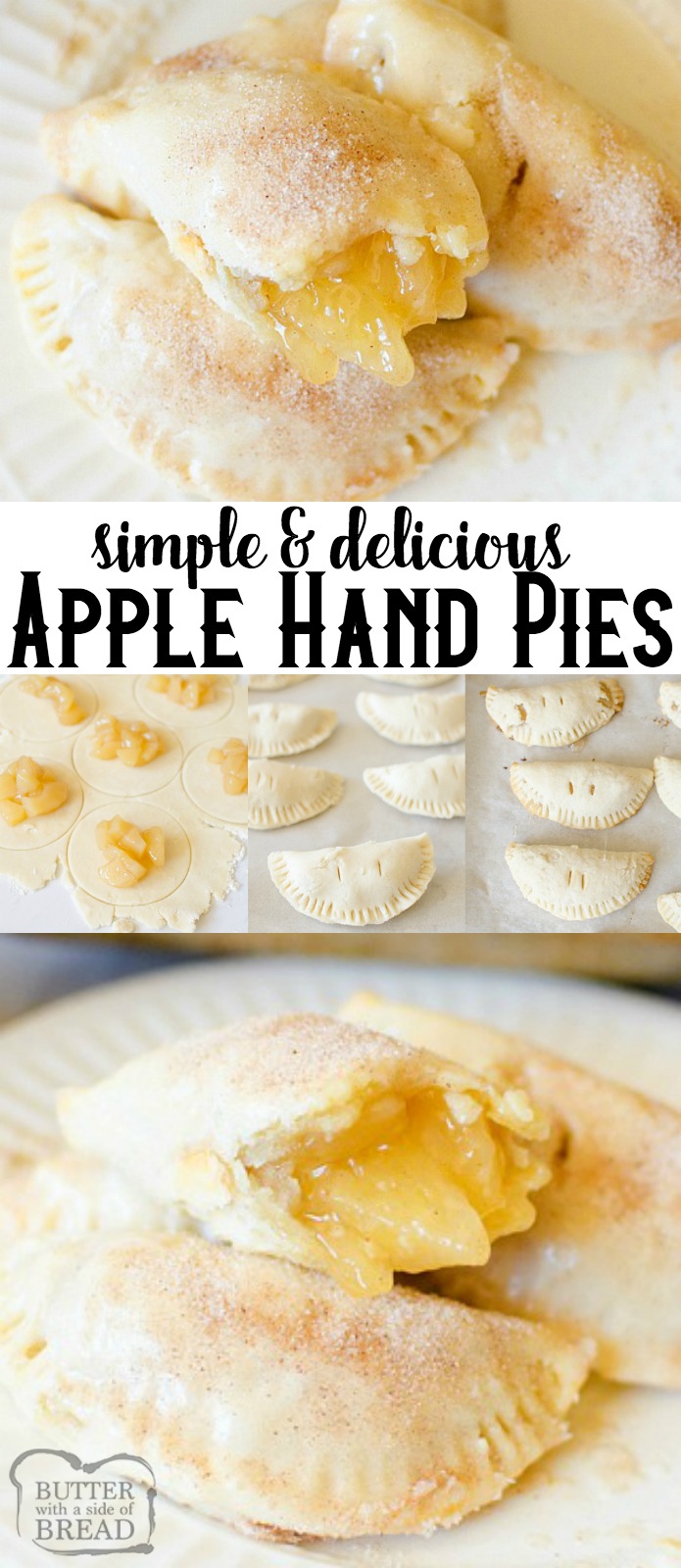 Apple Hand Pies are mini apple pies, no utensils needed! All the flakey crust and cinnamon apples wrapped up in a vanilla glaze held right in the palm of your hand. This will be the easiest, tastiest Hand Pie recipe you'll find! #apple #pies #dessert #applepie #handpie #recipe #foodie #simplerecipe #delicious #baking from BUTTER WITH A SIDE OF BREAD