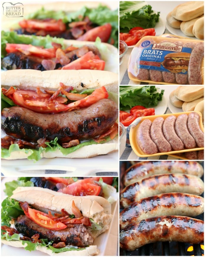 BLT Bratwurst recipe made easy with grilled bratwurst sausages topped with leaf lettuce, fresh tomatoes and bacon. Perfect bratwurst recipe for when you want a delicious, flavorful dinner on the table fast! 