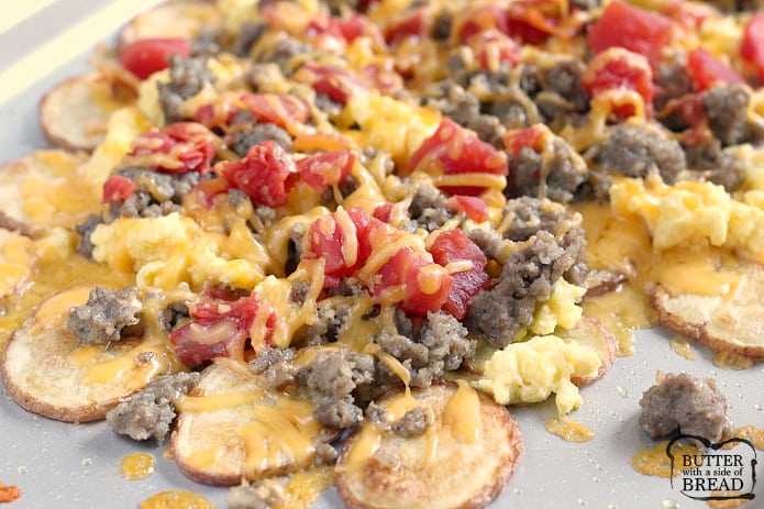  Easy Breakfast Nachos are perfect for breakfast, but also make a wonderful lunch or dinner too! Thinly sliced roasted potatoes topped with sausage, scrambled eggs, cheese and tomatoes - an easy meal that can be ready in 30 minutes!