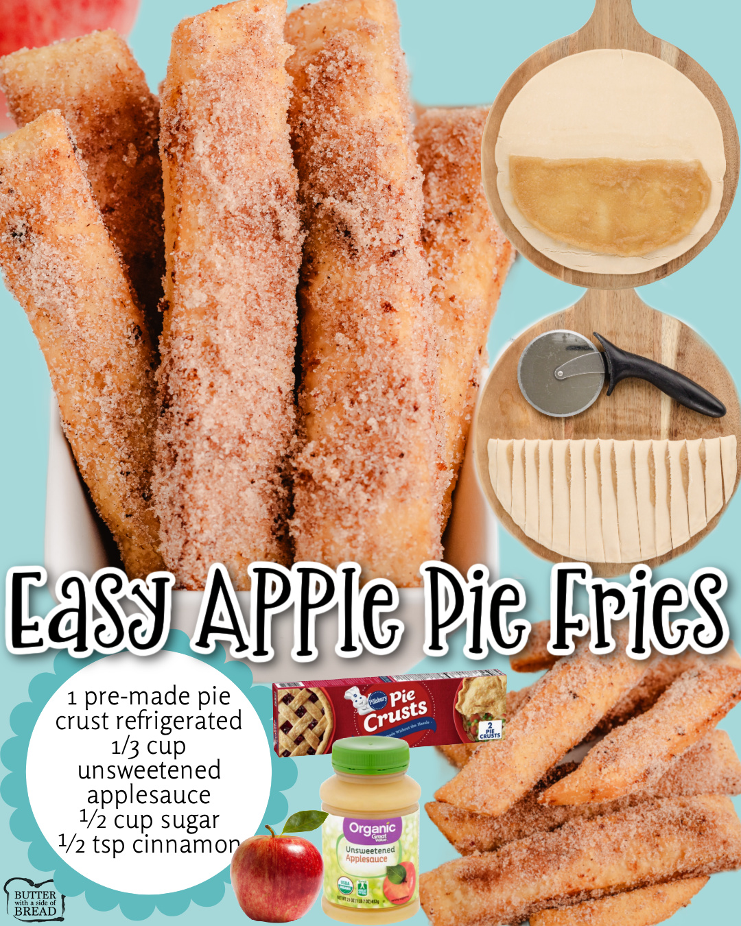 Apple Pie Fries made easy with pie crust & applesauce, then fried up crispy and tossed with cinnamon sugar for the perfect apple dessert!