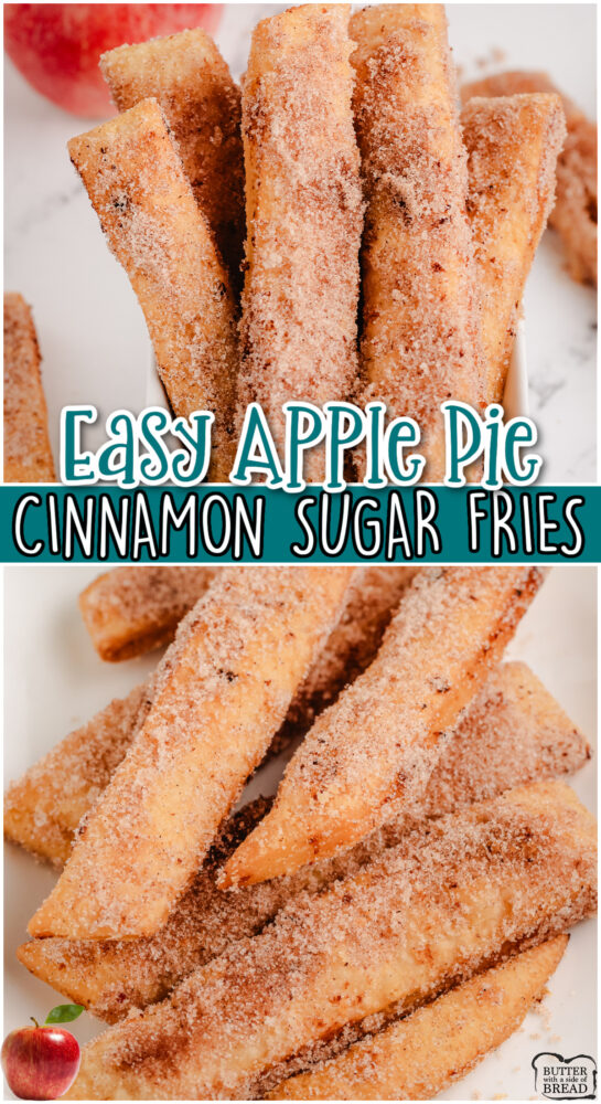 Apple Pie Fries made easy with pie crust & applesauce, then fried up crispy and tossed with cinnamon sugar for the perfect apple dessert!