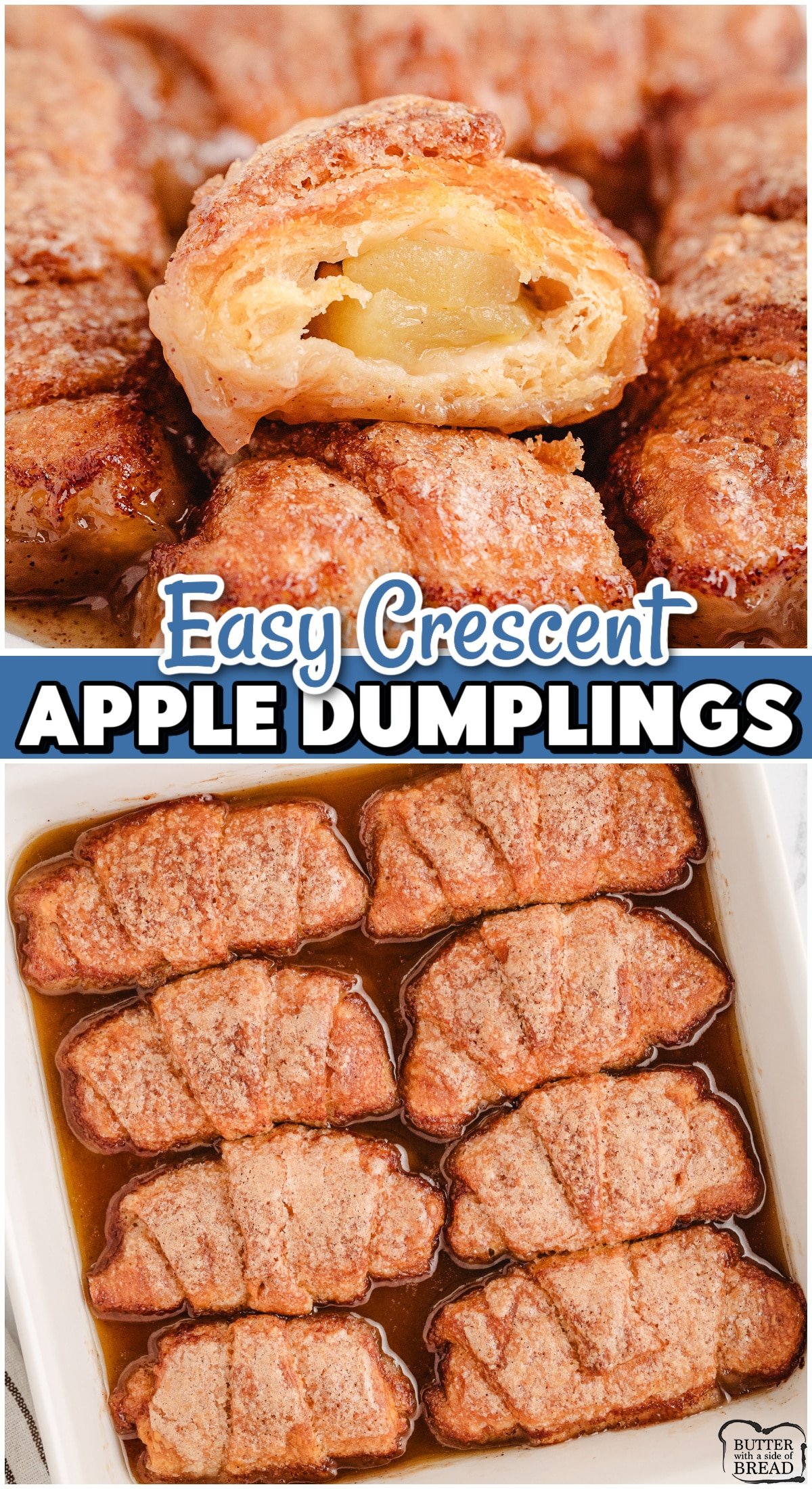 Easy Apple Dumplings recipe made with just a few ingredients, an apple, brown sugar, crescent dough & lemon lime soda! Simple recipe for apple dumplings in a sweet caramel-like glaze that tastes delicious.