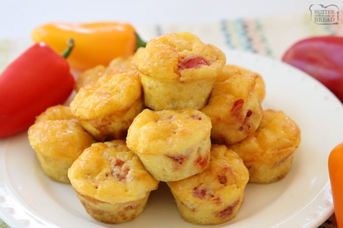 Fiesta Egg Bites are perfect for a hearty & flavorful breakfast, lunch or dinner! Simple recipe made with eggs, tomatoes, cheese and baked into bite-sized portions. Ready in under 30 minutes!