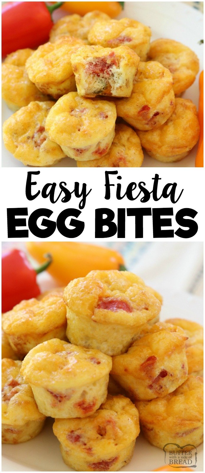 Fiesta Egg Bites are perfect for a hearty & flavorful breakfast, lunch or dinner! Simple recipe made with eggs, tomatoes, cheese and baked into bite-sized portions. Ready in under 30 minutes! #breakfast #dinner #meatless #protein #eggs #food #recipe from BUTTER WITH A SIDE OF BREAD