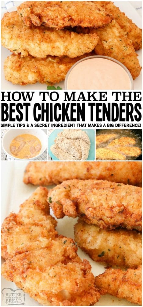 Make the Best Chicken Strips at home for the most tender, flavorful chicken dinner! Two simple tips to take your chicken tenders from good to great- simple marinade and method.