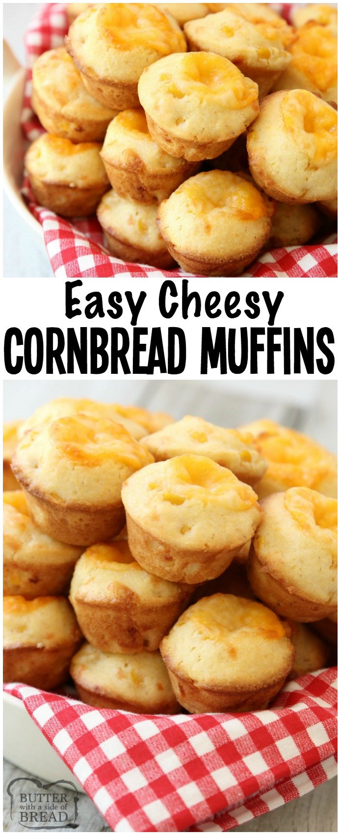 Cheesy Cornbread Muffins are delicate, flavorful honey cornbread with a cheddar cheese addition! Fun, bite-sized mini cornbread muffins are perfect for accompanying lunch or dinner any time of the year! #cornbread #muffin #recipe #cheese from BUTTER WITH A SIDE OF BREAD