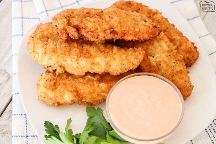 easy homemade chicken tenders with fry sauce on a plate