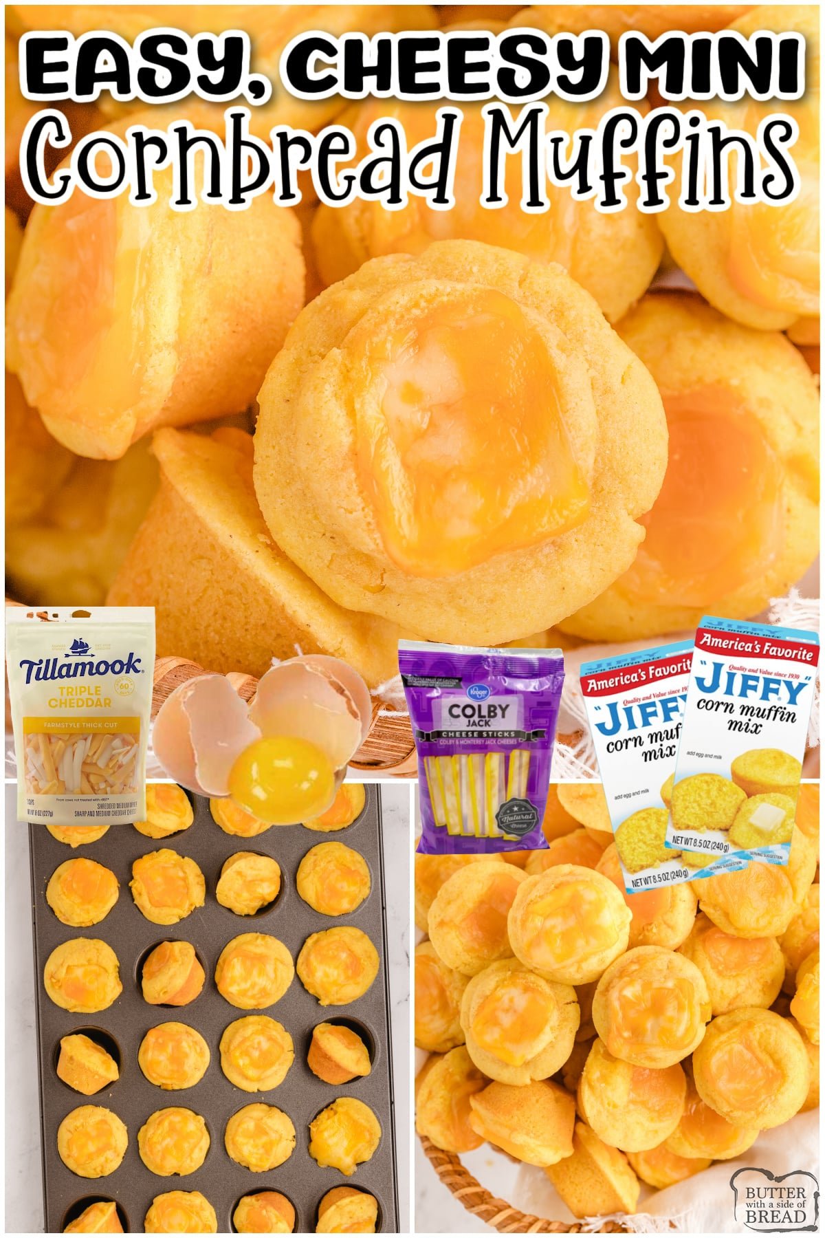 Cheesy Cornbread Muffins are honey cornbread with a cheesy addition! These bite-sized mini muffins easily made with a cornbread mix, canned corn & stuffed with cheese!