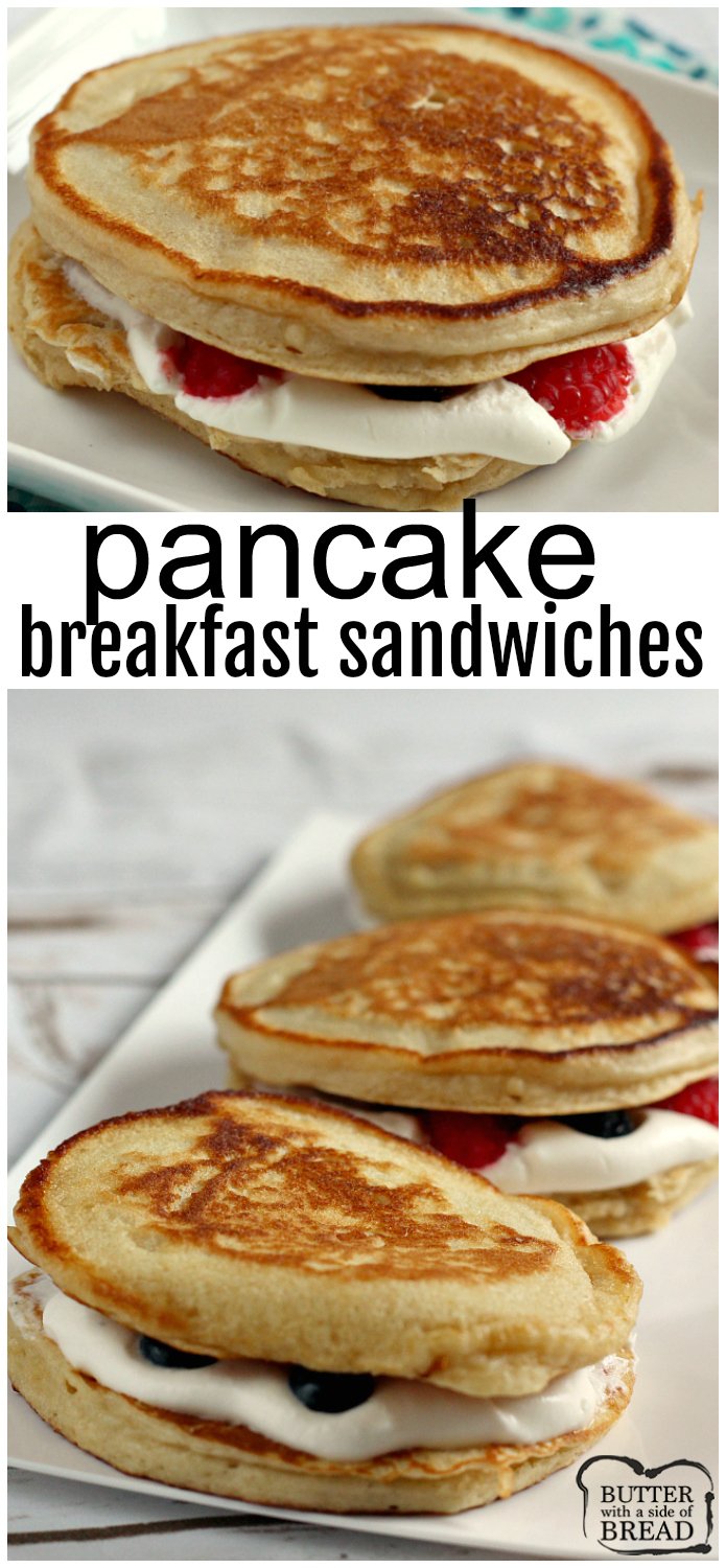 Pancake Breakfast Sandwiches are filled with fresh fruit and a light maple whipped cream filling. The perfect well-balanced breakfast for everyone in the family!