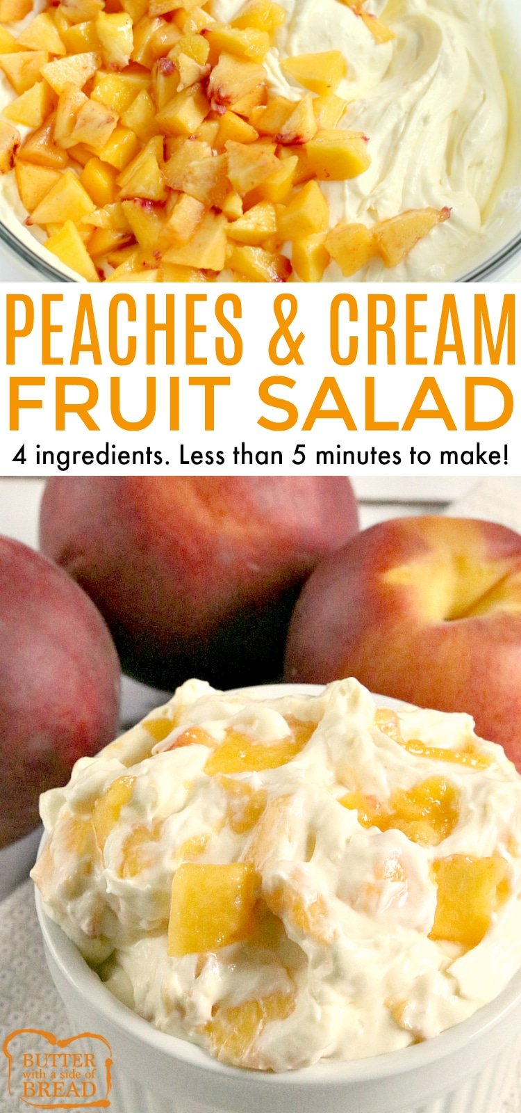 Peaches and Cream Salad comes together in just a few minutes with only 4 ingredients! It's the perfect recipe for using up all of those delicious fresh peaches and can be served as a side dish or even dessert!