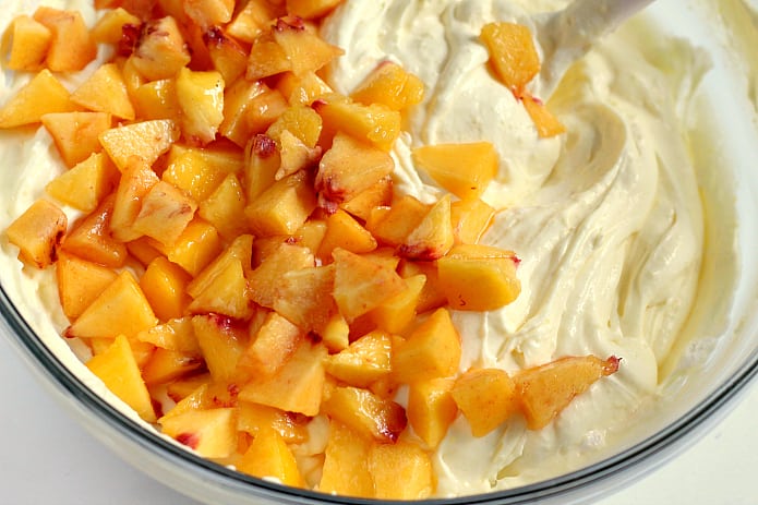 This easy Peaches and Cream Salad only has 4 ingredients and comes together in less than 5 minutes. 