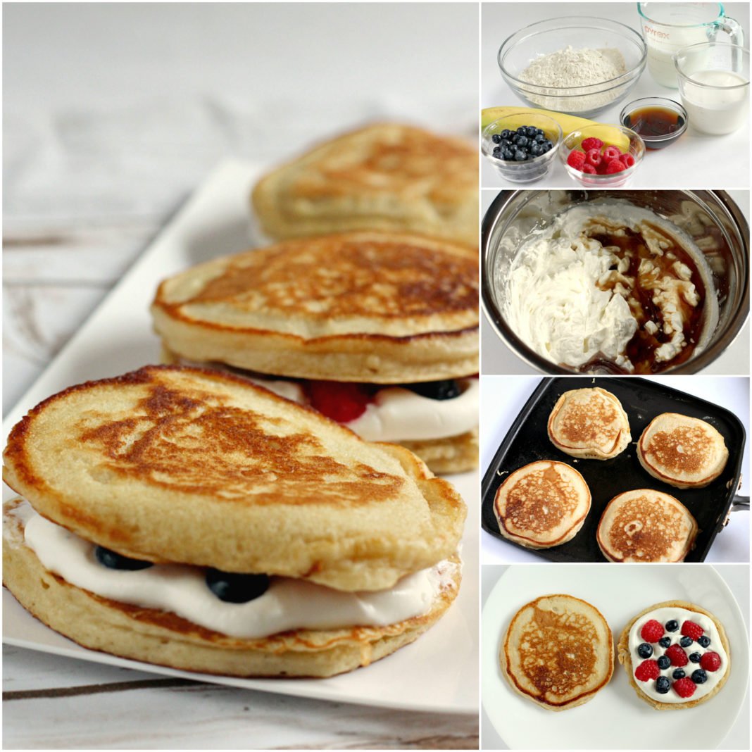 Step by step photos on how to make Pancake Breakfast Sandwiches filled with fresh fruit and a maple whipped cream filling. 