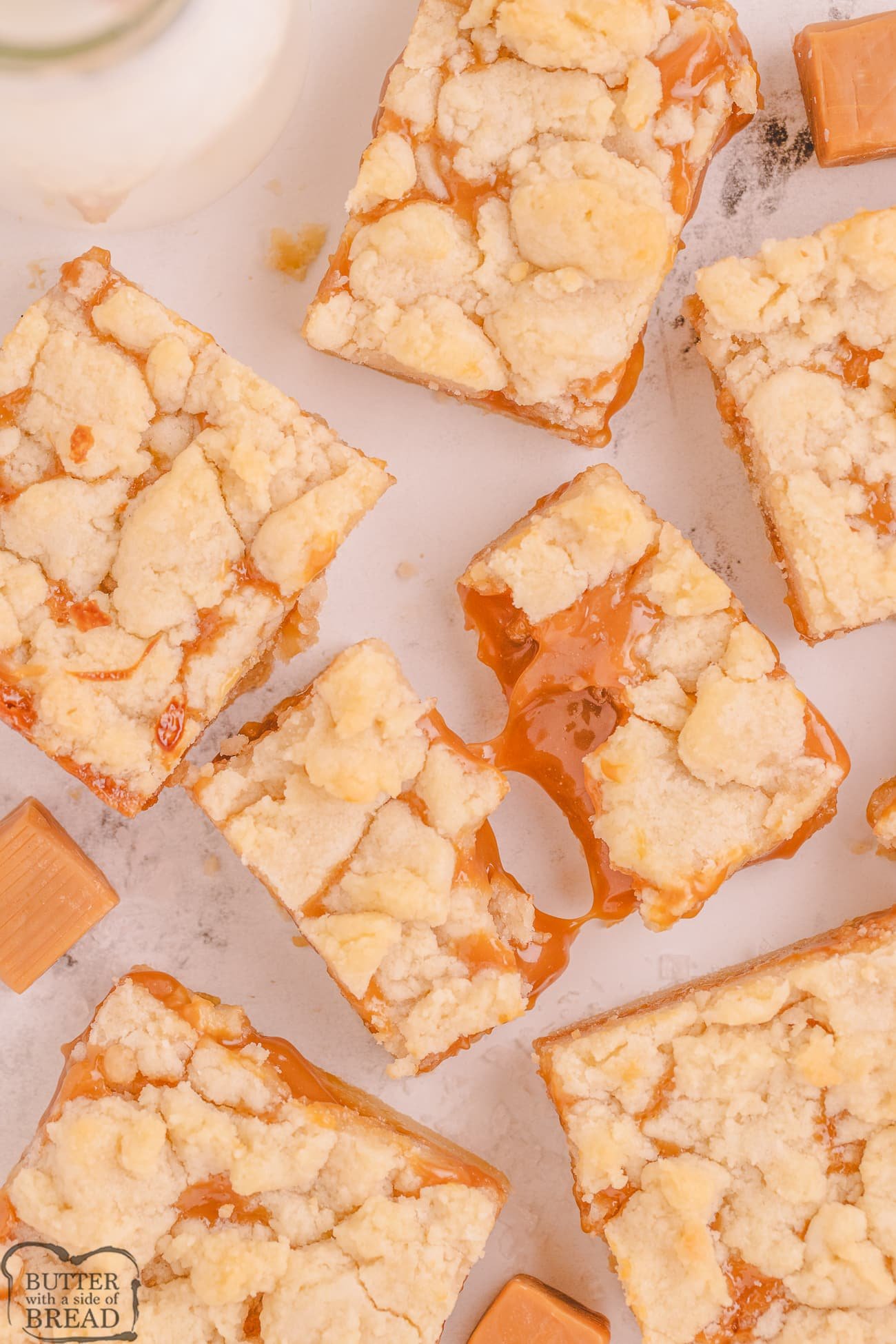 salted caramel butter bars cut up into squares