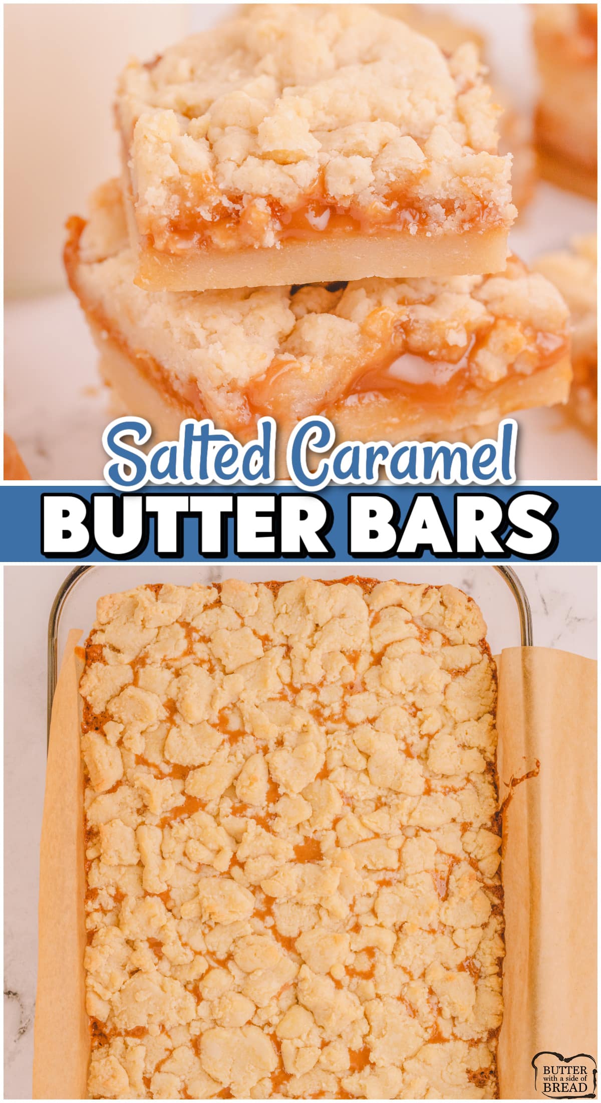 Salted Caramel Bars made with a sweet, buttery crust topped with creamy caramel & sea salt! Decadent bars that are truly irresistible!