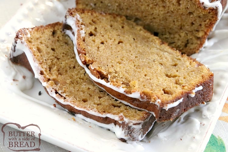 Best Pumpkin Bread that is soft and delicious because it is made with canned pumpkin, vanilla and butterscotch pudding mixes. This pumpkin quick bread recipe is also topped with a delicious cream cheese glaze!