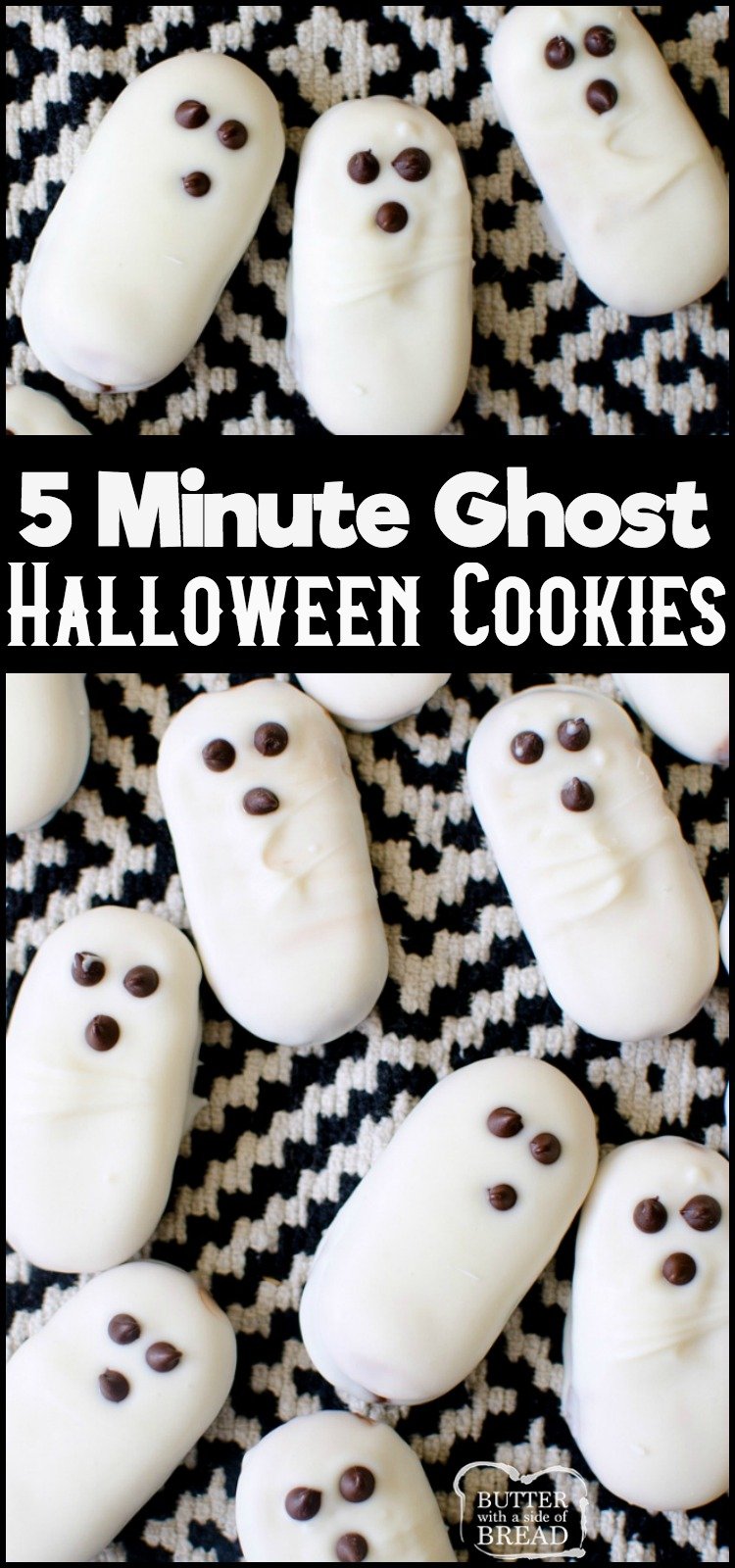 3 Ingredient Easy Ghost Halloween Cookies are a cute and festive treat! Made in minutes & devoured in seconds, these easy Halloween cookies are a hit! Simple, 5 minute recipe with only 3 ingredients! #halloween #ghosts #cookies #recipe #party #food from BUTTER WITH A SIDE OF BREAD