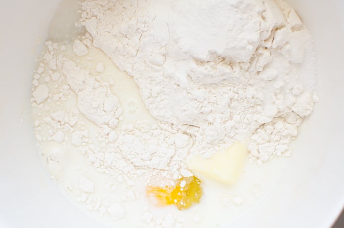butter, sugar, egg, flour, baking powder, salt and milk in a bowl