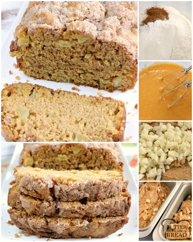 Apple Pumpkin Bread is a delicious quick bread recipe made with pumpkin and fresh apples! The crumbly cinnamon and sugar streusel on top adds the most amazing texture and flavor to this delicious pumpkin bread recipe.