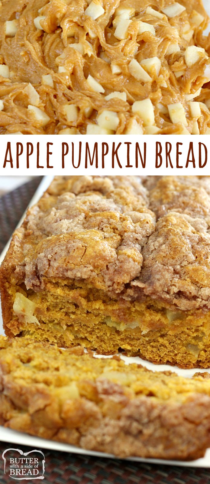 Apple Pumpkin Bread is the perfect blend of two favorite fall flavors  - pumpkin and fresh apples! The crumbly cinnamon and sugar streusel on top adds the most amazing texture and flavor to this delicious quick bread.
