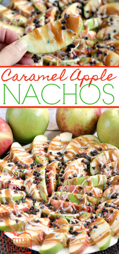 Caramel Apple Nachos are easily made by topping sliced apples with caramel, melted marshmallows, chocolate chips and sprinkles! This fun variation of a traditional caramel apple recipe is easier to share and easier to eat too!