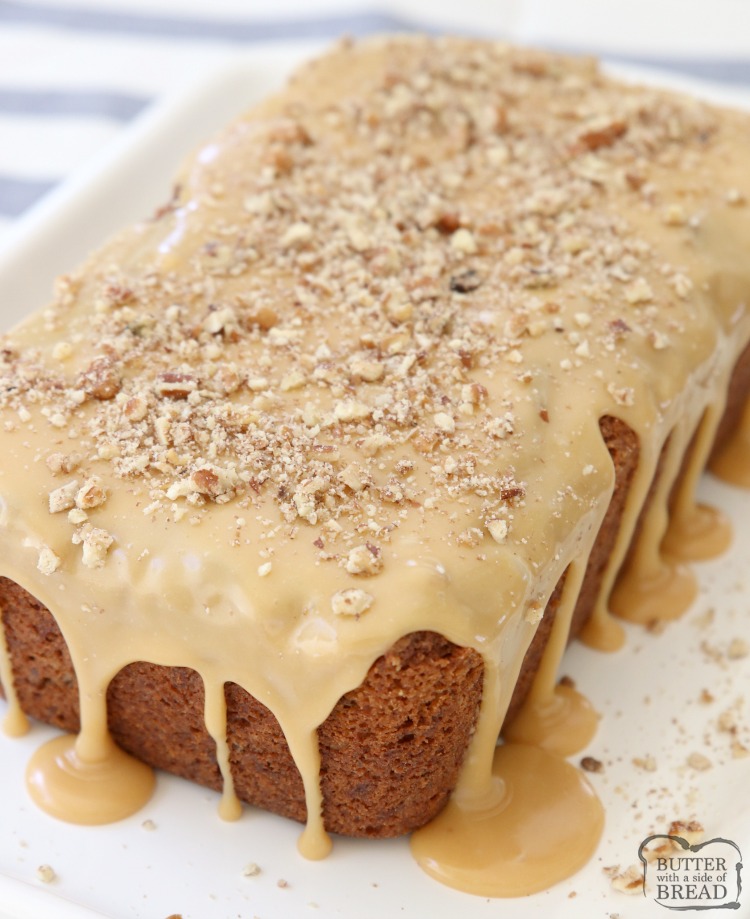 Caramel Banana Nut Bread made with ripe bananas and spiced with cinnamon, nutmeg and ginger. Topped with buttery streusel & caramel glaze. Best Banana Nut Bread recipe ever!