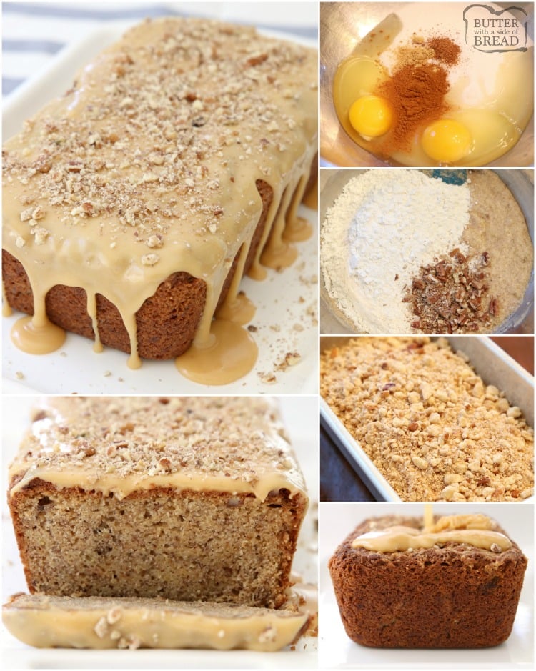 Caramel Banana Nut Bread made with ripe bananas and spiced with cinnamon, nutmeg and ginger. Topped with buttery streusel & caramel glaze. Best Banana Nut Bread recipe ever!