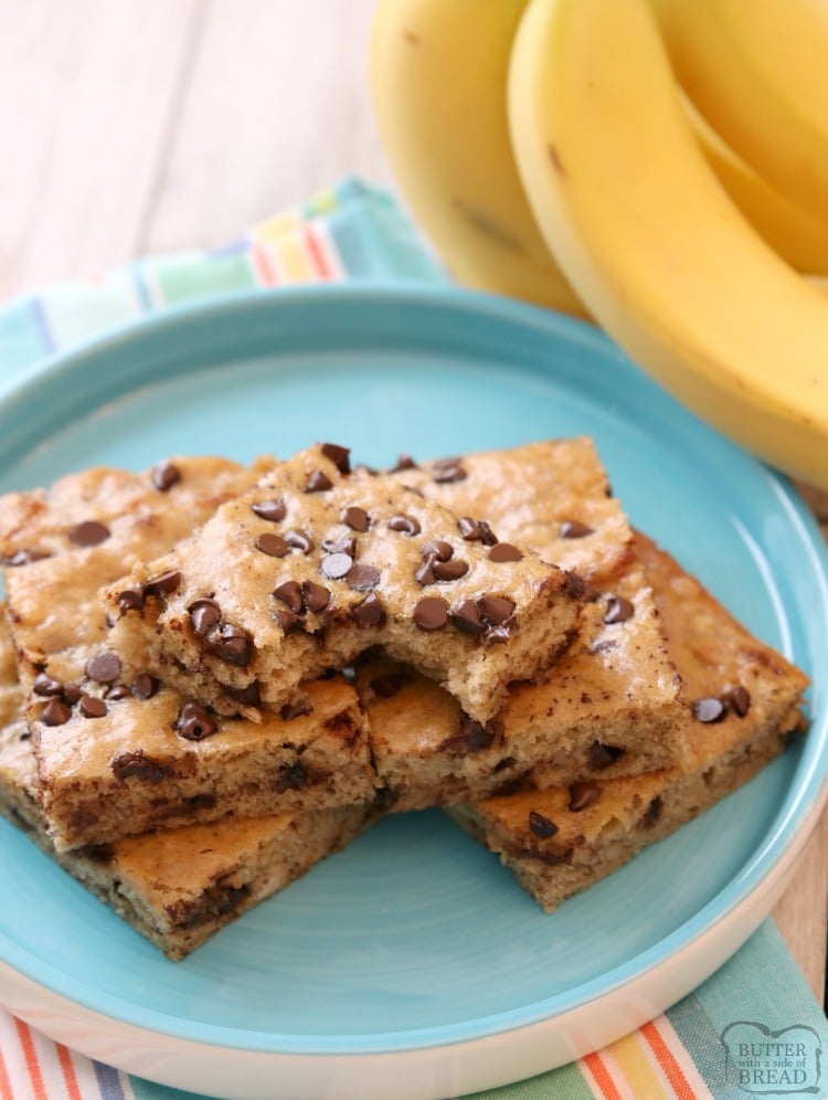 Chocolate Chip Banana Bars are a simple & delicious ripe banana recipe that's even better than banana bread! Great for breakfast, lunch and even dessert! Check out all the 5 star reviews- everyone raves about these Chocolate Chip Banana Bars! Easy banana dessert recipe.