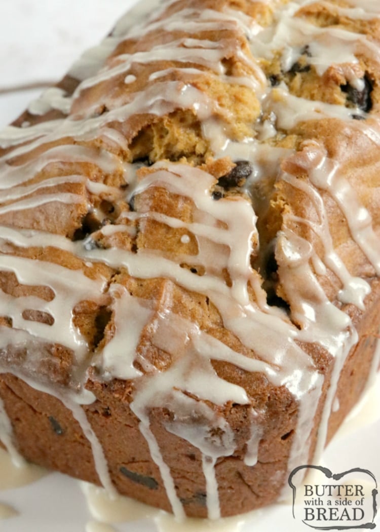 Pumpkin Chocolate Chip Bread is the perfect pumpkin quick bread recipe!  The vanilla glaze on top is simple and delicious and adds a little bit of extra flavor too!