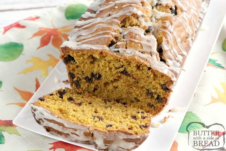 Pumpkin Chocolate Chip Bread is the perfect pumpkin quick bread recipe!  The vanilla glaze on top is simple and delicious and adds a little bit of extra flavor too!